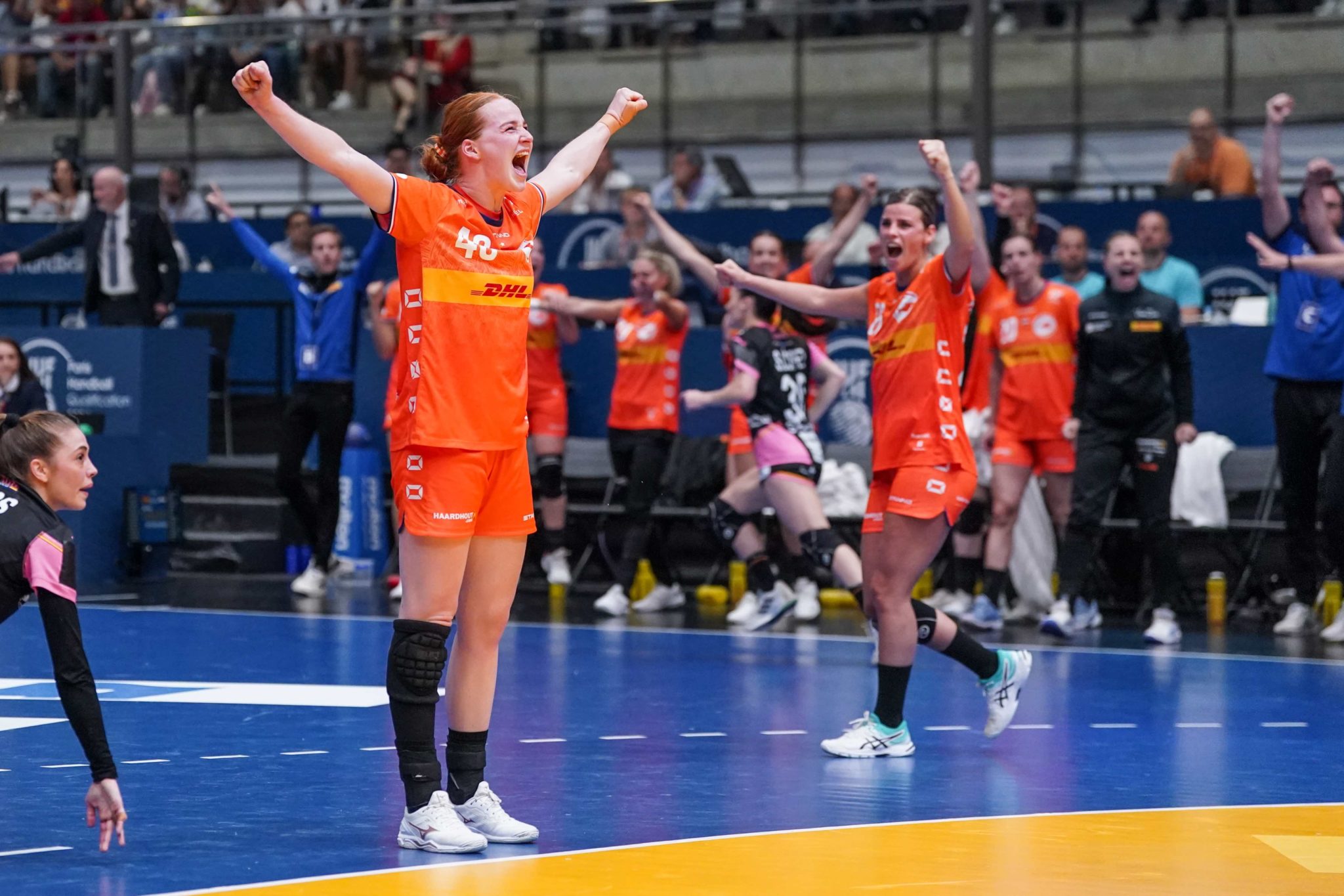 TORREVIEJA, SPAIN - APRIL 14: Players Of Netherlands Celebrate After Qualifying For The Paris Olympic Games During The Olympic Qualification Tournament Match Between Spain And Netherlands At Palacio De Los Deportes De Torrevieja On April 14, 2024 In Torrevieja, Spain. (Photo By Henk Seppen/Orange Pictures)